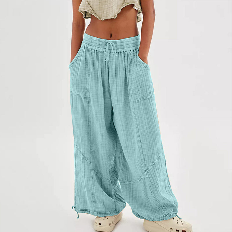 Women's Solid-color Wide-leg Pants With Elastic Drawstring Waist Elasticized Leg Cuffs Side Pockets For Spring&Fall Fashionable Simple Wear CJ US