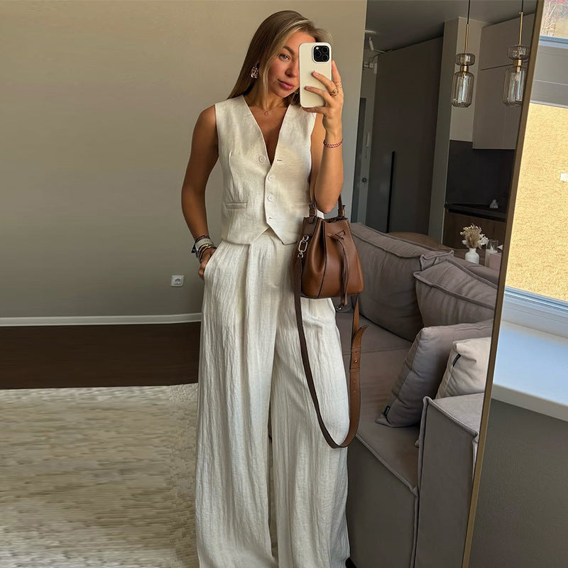 Simple And Elegant Vest Top High-Waist Wide-Leg Pants Casual Suit 