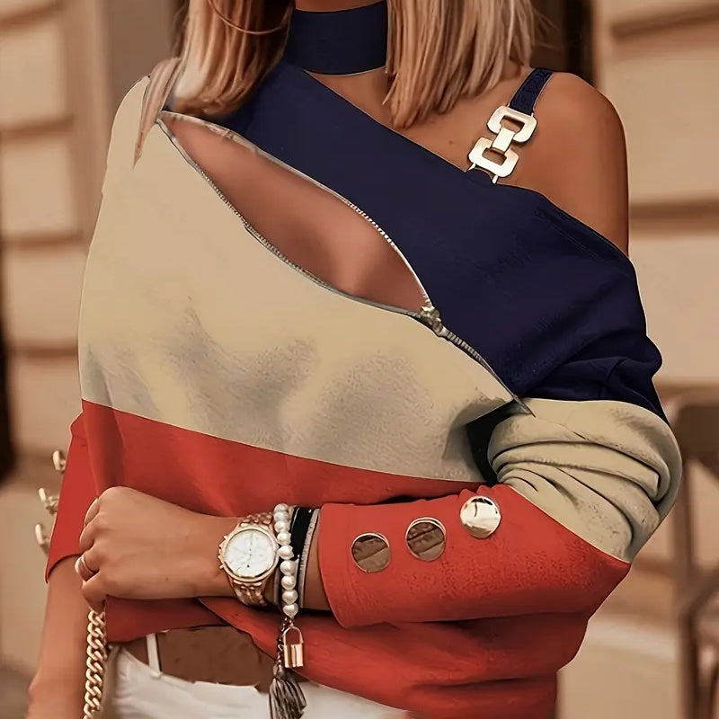 Women's Elegant Zip-Front Blouse, Button Detail Cold Shoulder Top With Color-Block Design For Layering 