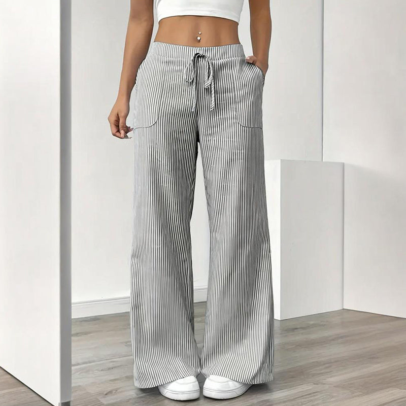 Women's Striped Print Straight Wide Leg Pants Drawstring Waist Slant Pockets Pants Casual Long Pants CJ US