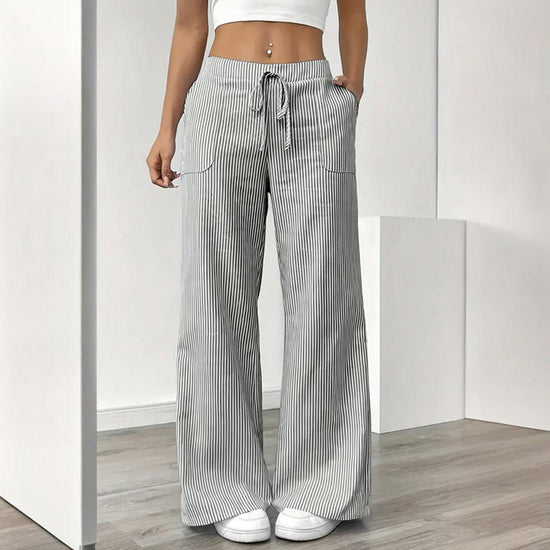 Women's Striped Print Straight Wide Leg Pockets Pants Casual Long Pants CJ US