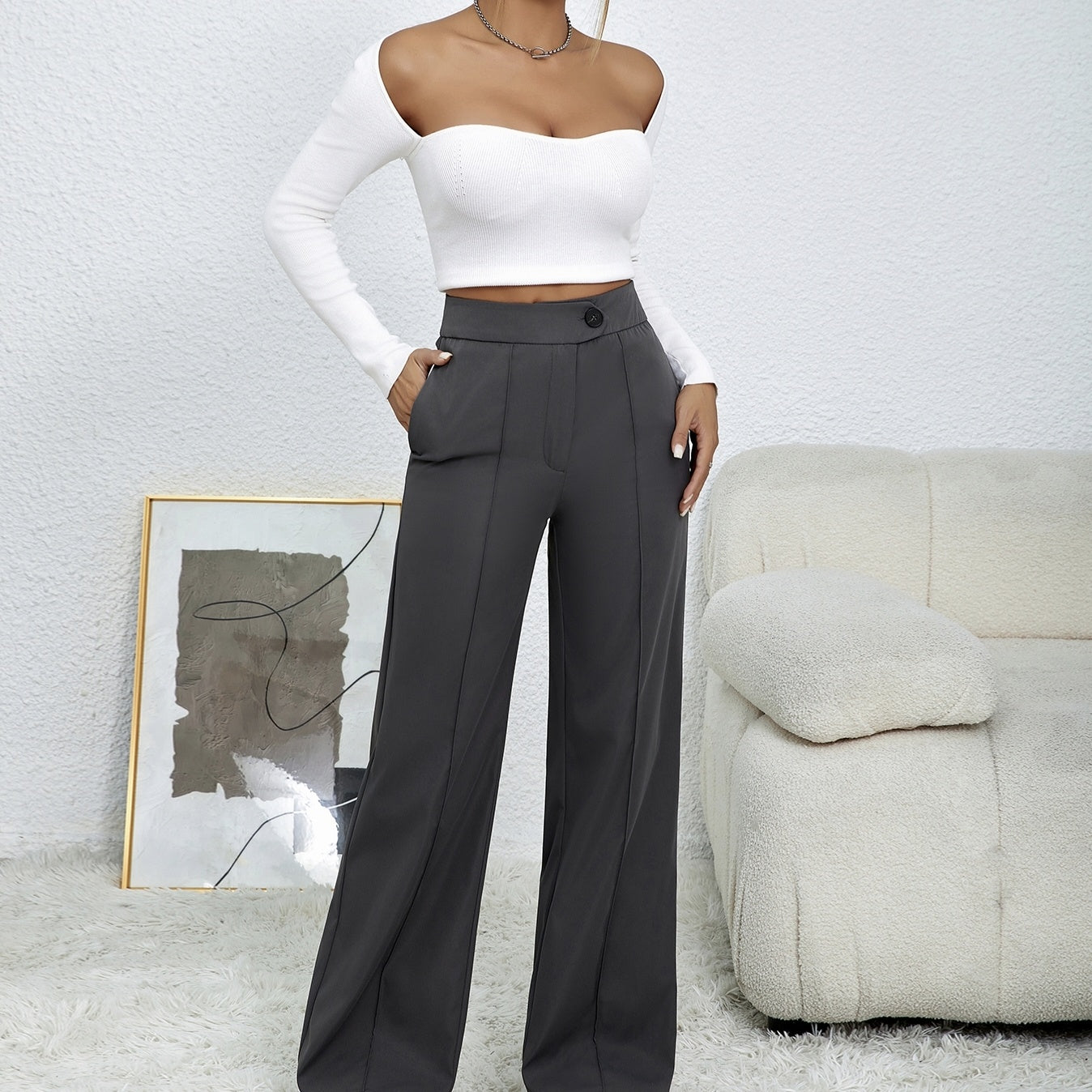 Ladies' Solid Color Loose Wide Leg Straight Leg Pants CJ US