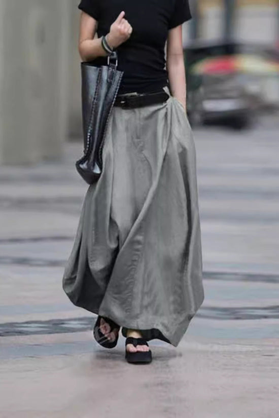 Womens Solid-color High-waisted Long Skirt 