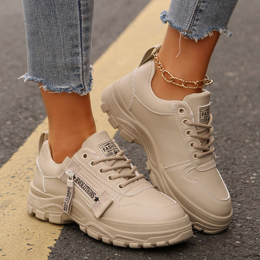Lace-up Sports Shoes With Side-Zipper Design Fashion Thick-soled Round-toe Casual Shoes For Women Sneakers CJ US