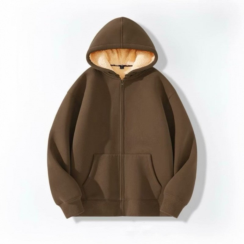 Women's Simple Solid Color Cold-proof Warm Berber Fleece Hooded Jacket 