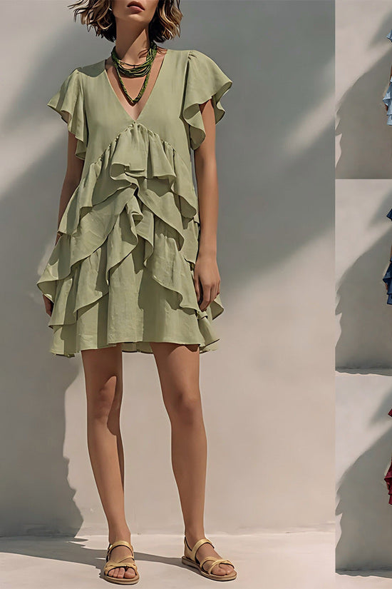 Women's V-Neck Ruffled-Edge Short-Sleeve Casual Loose Dress 