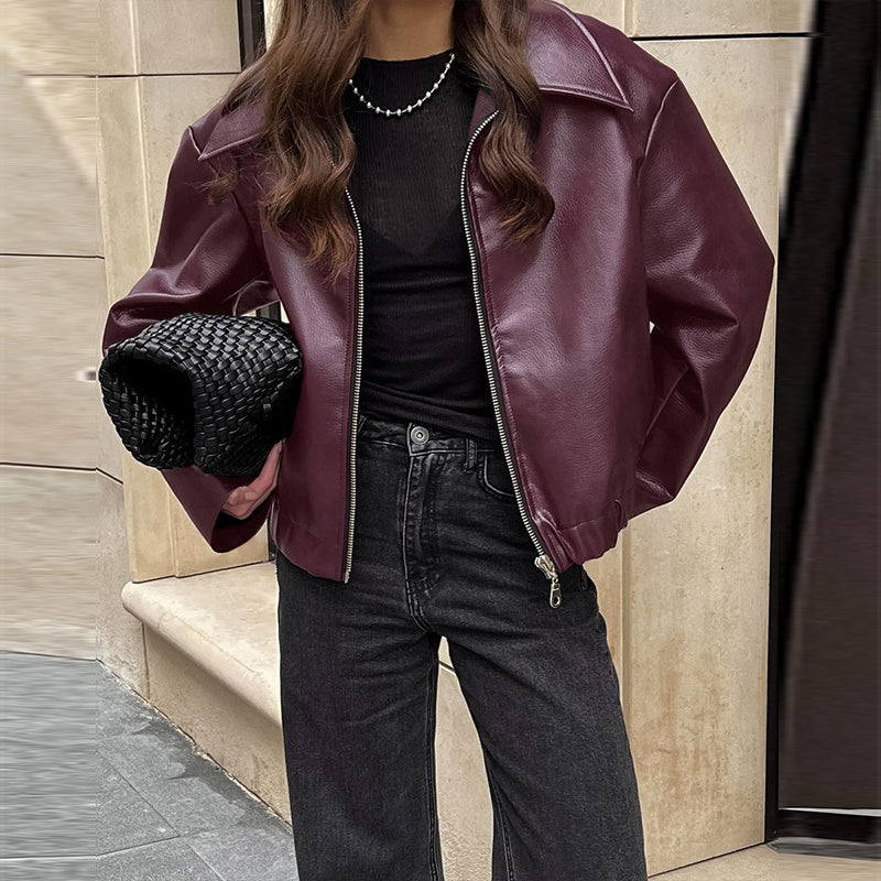 Vintage Style Women's Solid Color Faux Leather Jacket, Zip-Up Biker Jacket With Lapel Collar Casual Coat CJ US