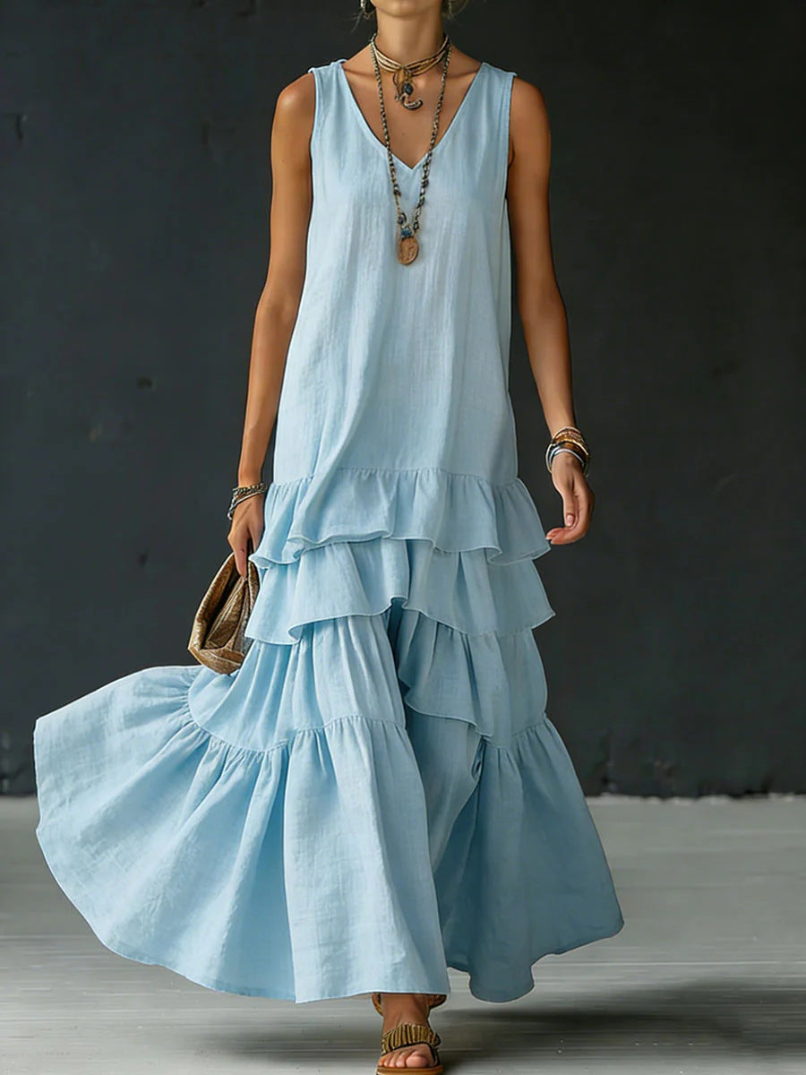 Solid-color Womens Loose-fitting Full-skirted Sleeveless Dress 