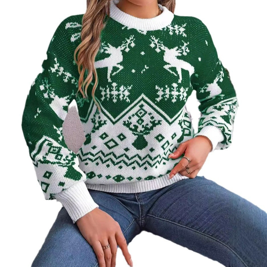 2025 New Year Autumn Winter Casual Deer Pattern Long Sleeve Hoodie Sweater Christmas For Women Red Green Knitted Pullover Jumper CJ