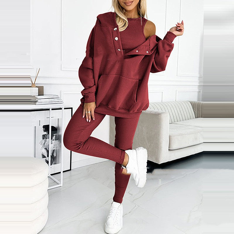 Women's Sports Suit Loose Hooded Sweatshirt & Vest Trousers | Diversi