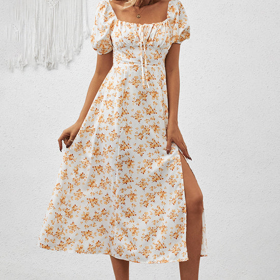 Square Neck Floral Print Dress With Puff Sleeves & Side Slit Maxi Dress CJ US