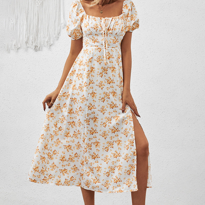 Square Neck Floral Print Dress With Puff Sleeves & Side Slit Maxi Dress CJ US