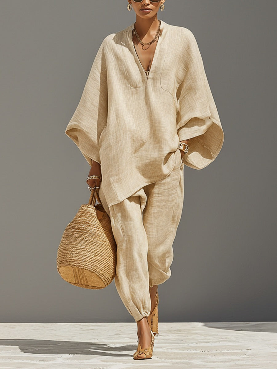 Casual Relaxed Loose-Fitting Solid-Color Shirt Set 