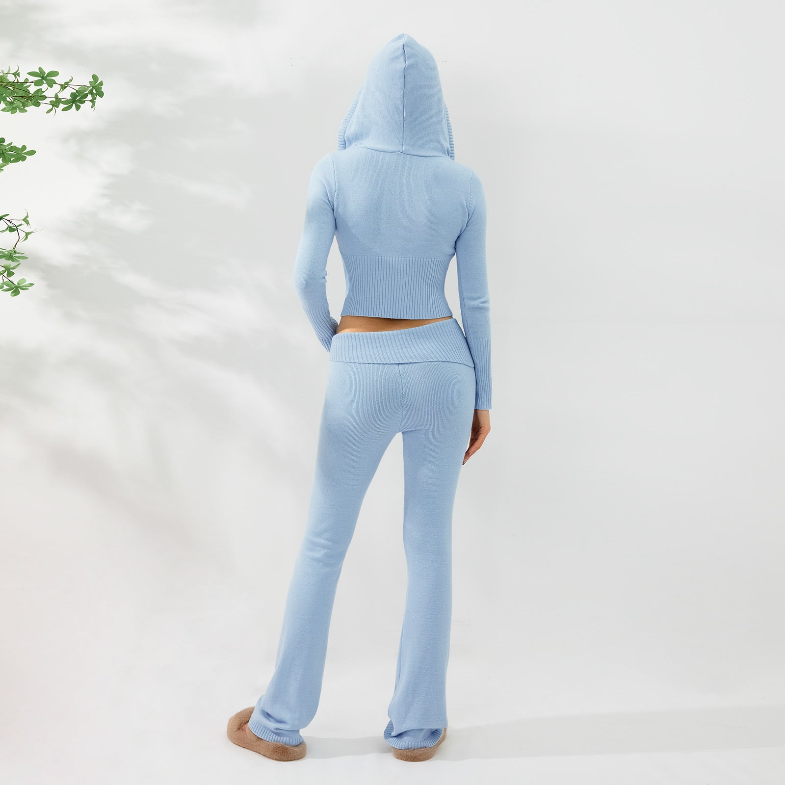 Women’s Knitted Hooded Two-Piece Set – Cardigan & High-Waisted Pants Suit - FitiqueFit