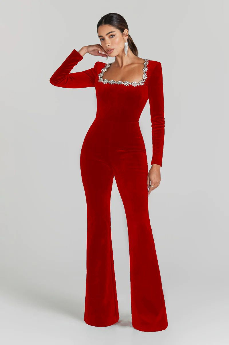Diamond-encrusted Square Collar Long Sleeve Flared Jumpsuit CJ