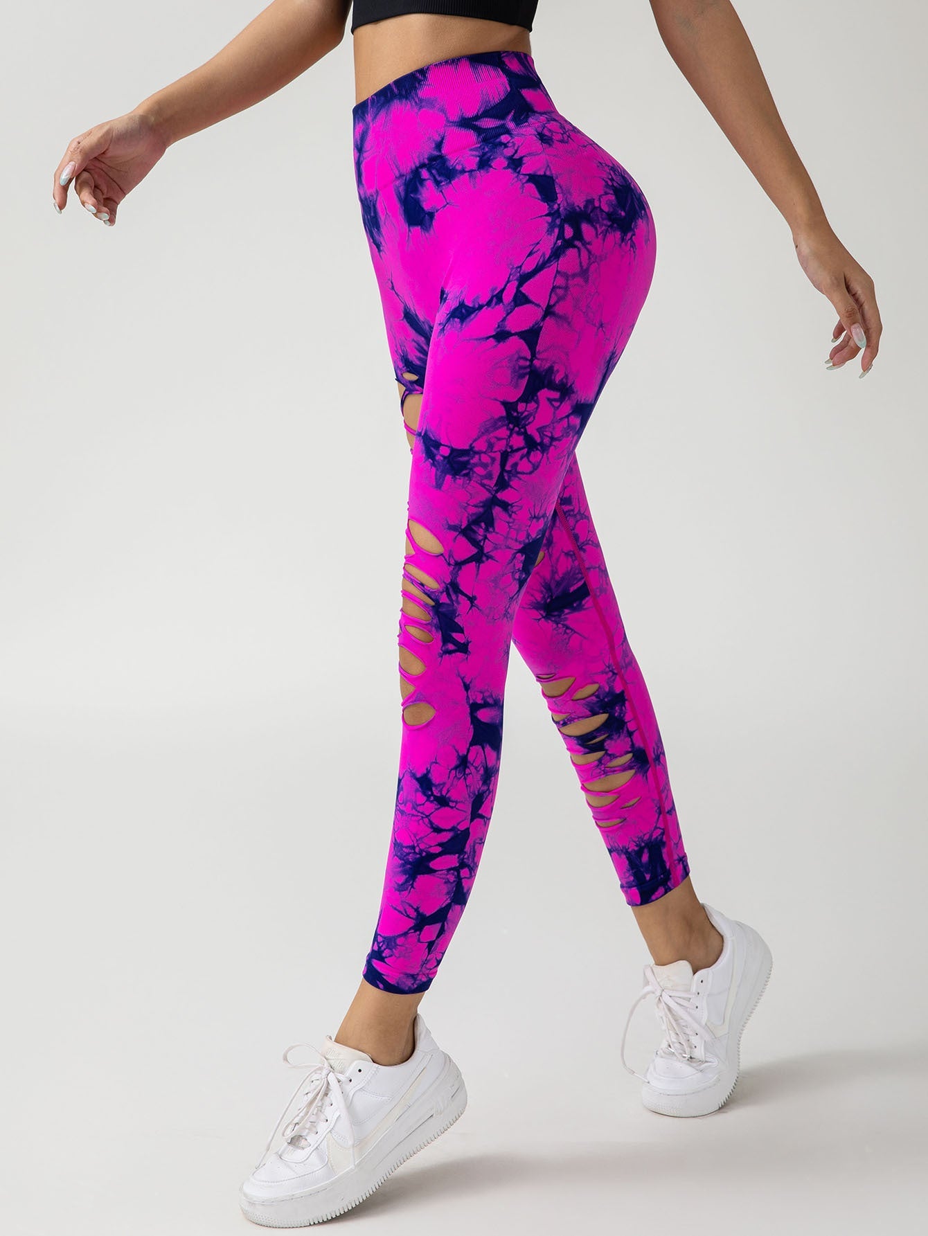New Style Women's High-Waisted Yoga Leggings With Hollow-Out & Tie-Dye Design CJ US