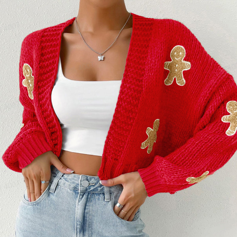 Gingerbread Man Knit Cardigan - Women's Solid V-Neck Ribbed Cuffed Short Sweater, Casual Spring Autumn Polyester Top 