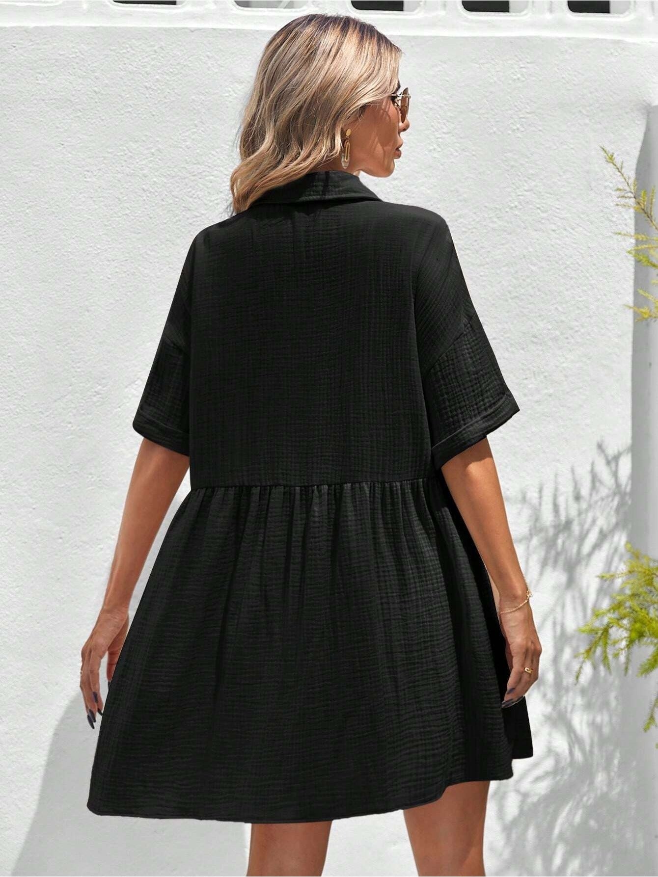 Women's Holiday Loose Solid Color Casual Summer Shirt Dress With Ruffles CJ US