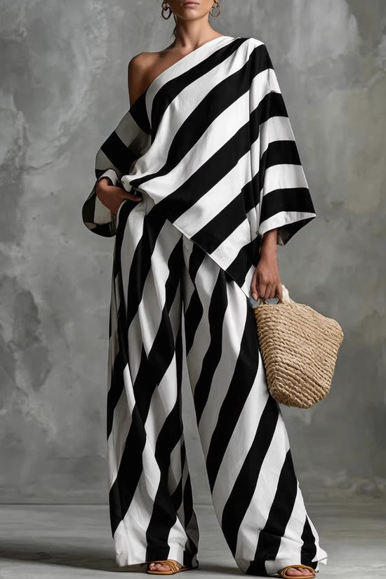 Retro Striped Printed Chiffon Top And Wide-leg Pants Set 