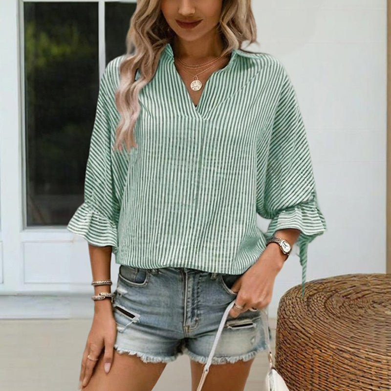 Women's V-Neck Striped Short Sleeve Blouse With Ruffled Cuff Tie & Back Slit Design Fashionable Spring&Summer Top CJ US
