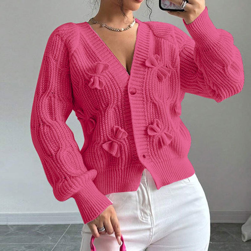 Women's Bow Cropped Cardigan - Long Sleeve V-Neck Button Down Knit Sweater Top 