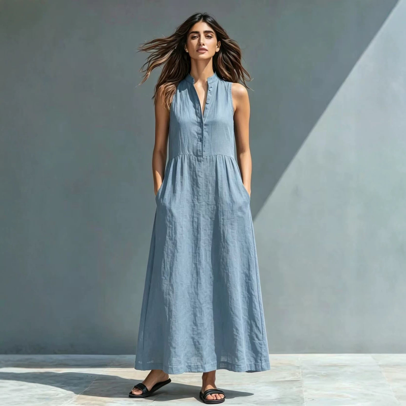 Resort-style Stand-collar Maxi Dress 