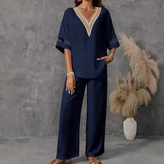 Fashionable V-neck Embroidered Top With Casual Wide-leg Pants Elegant Womens Set 