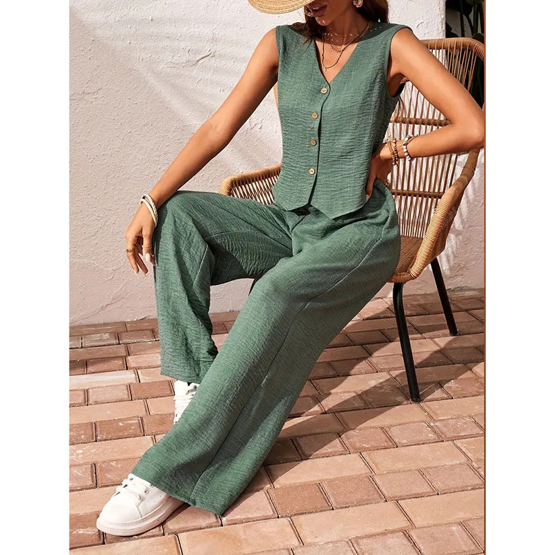 Womens Two Piece Outfits Summer Fashion Button V Neck Crop Vest Blazer And Wide Leg Pants Suit Matching Sets CJ US