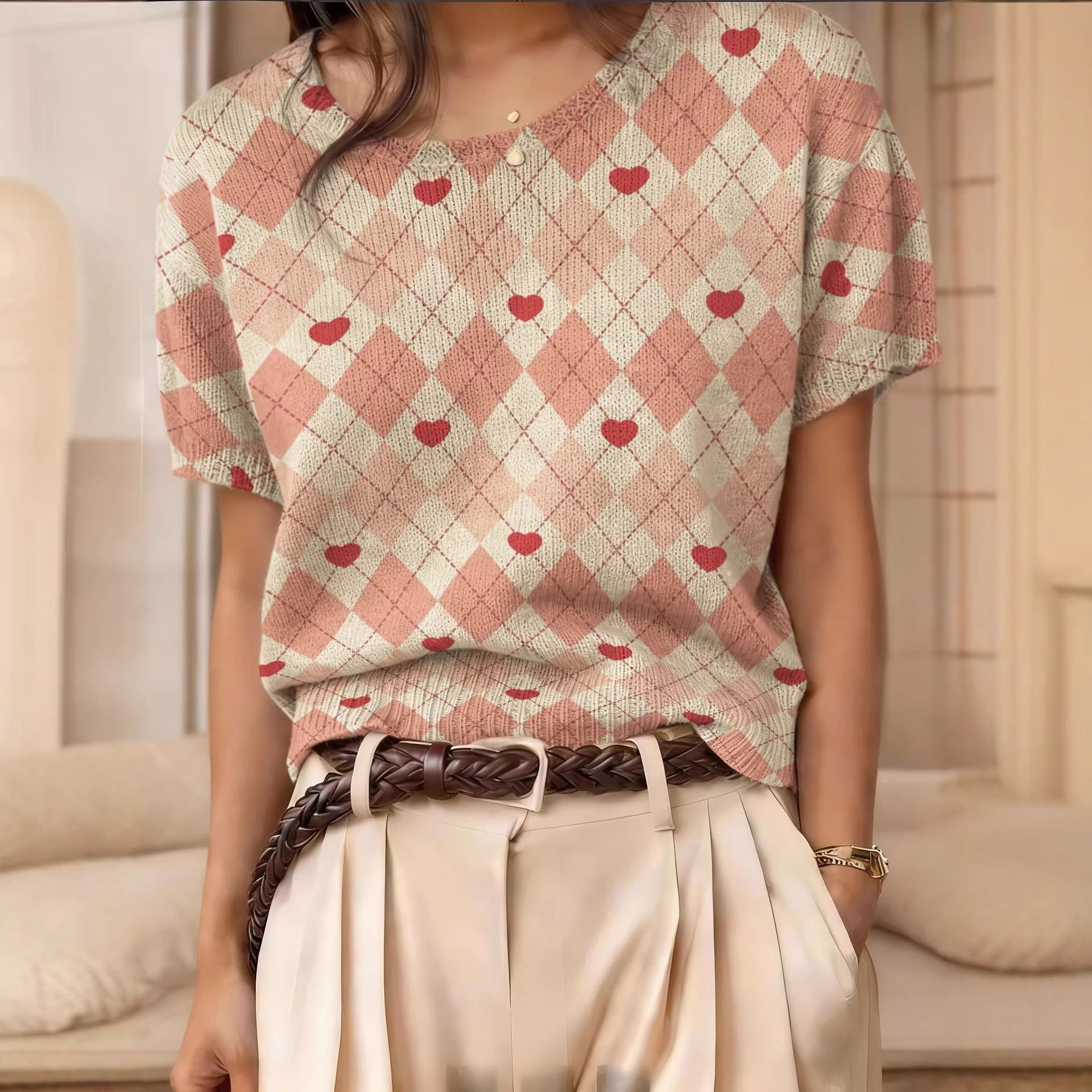 Retro Short-Sleeve Sweater Contrast-Color Jacquard Knit Top 
