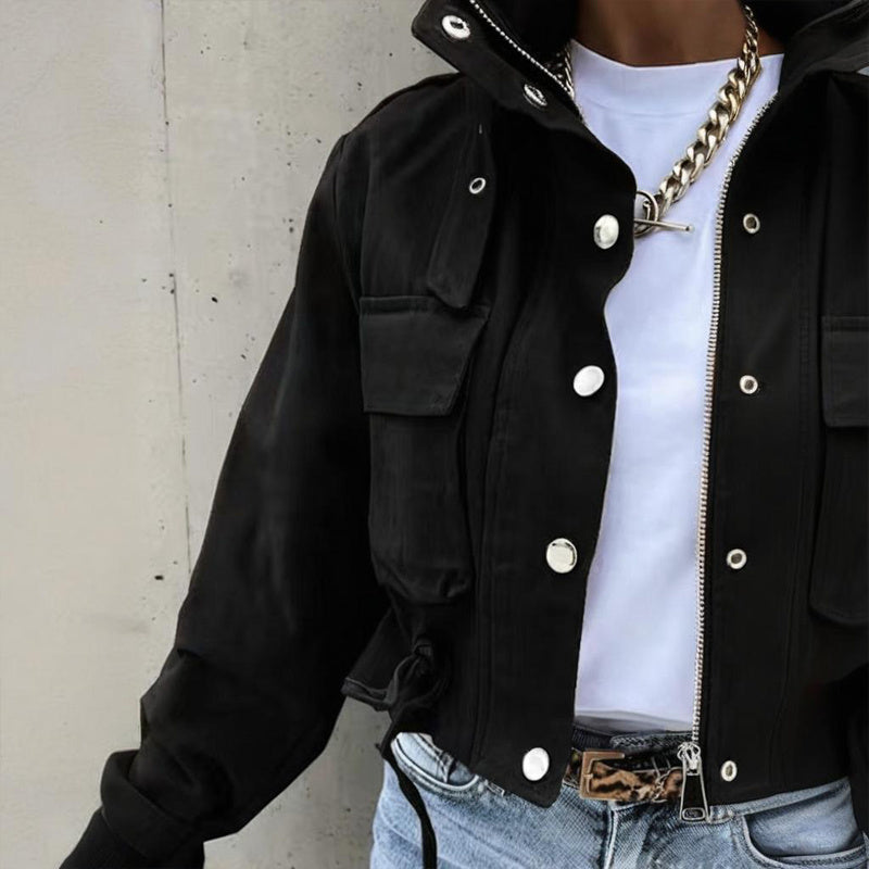 Women's Stand Collar Long Sleeve Jacket With Button & Zipper Closure - Two Large Pockets & Drawstring Hem Casual Short Jacket For Spring&Fall CJ US