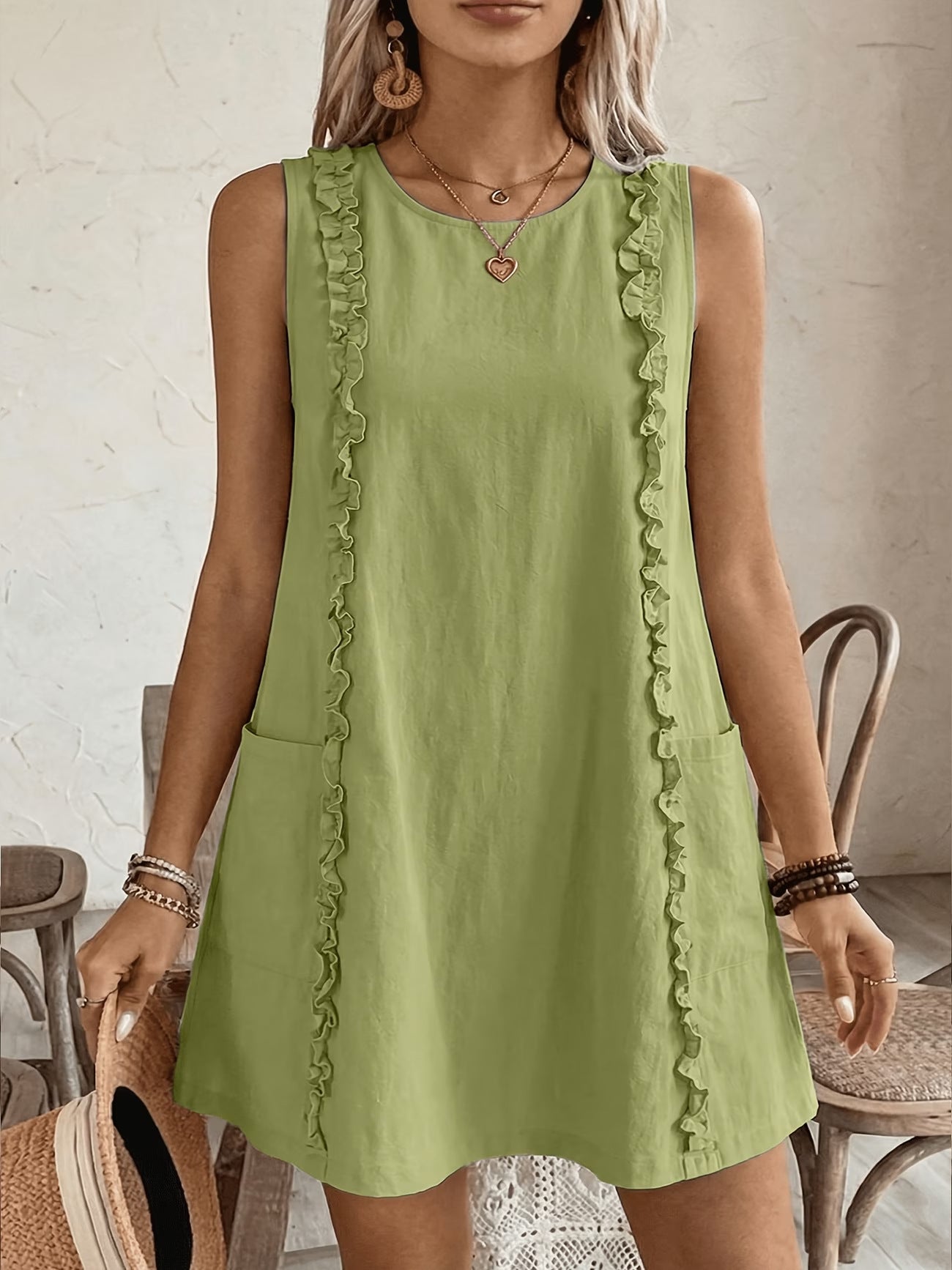 Women's Solid-Color Ruffle-Trimmed Dress 