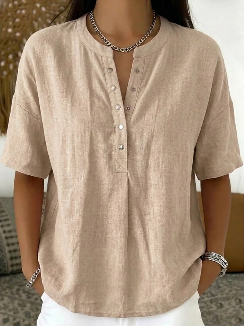 Solid Color Casual Pullover Short-Sleeve Shirt For Women 
