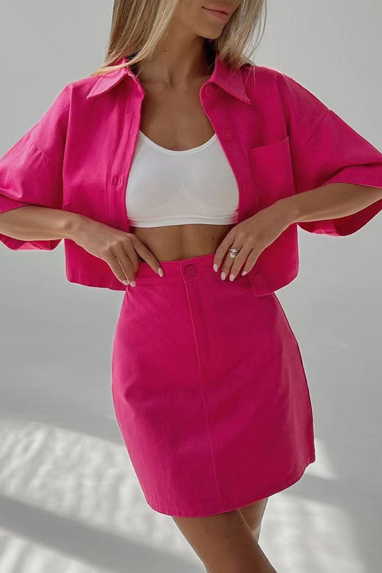 Womens Preppy Style Design-focused Short-sleeve Short-skirt Set 