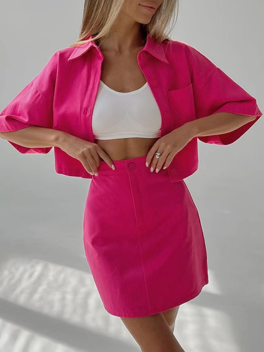 Womens Preppy Style Design-focused Short-sleeve Short-skirt Set 