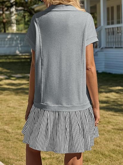 Fisoew Womens Summer Mini Dress Casual Patchwork Short Sleeve Polo V Neck Striped Dresses With Pockets CJ US