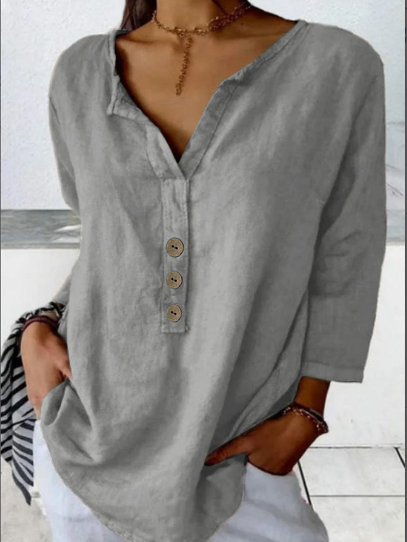 Solid Color Notched Collar Shirt Casual Button-down Shirt CJ US