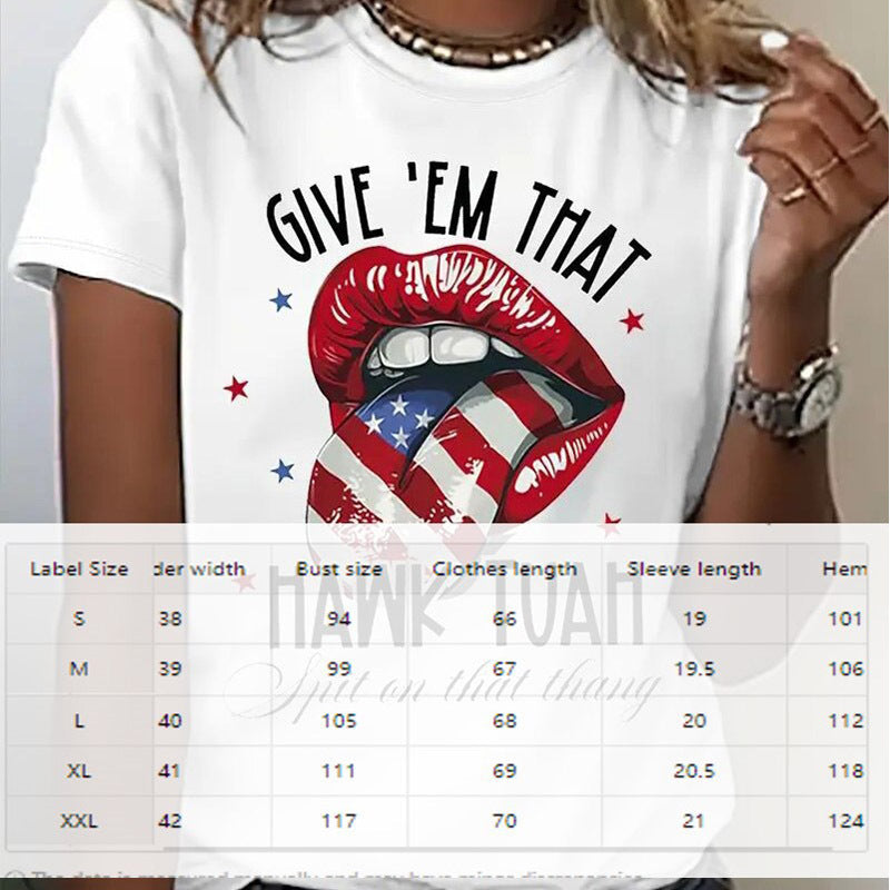 Women's Round Neck American Flag Lips & Stars Print Summer Top, Casual Comfortable Short Sleeve Tee CJ