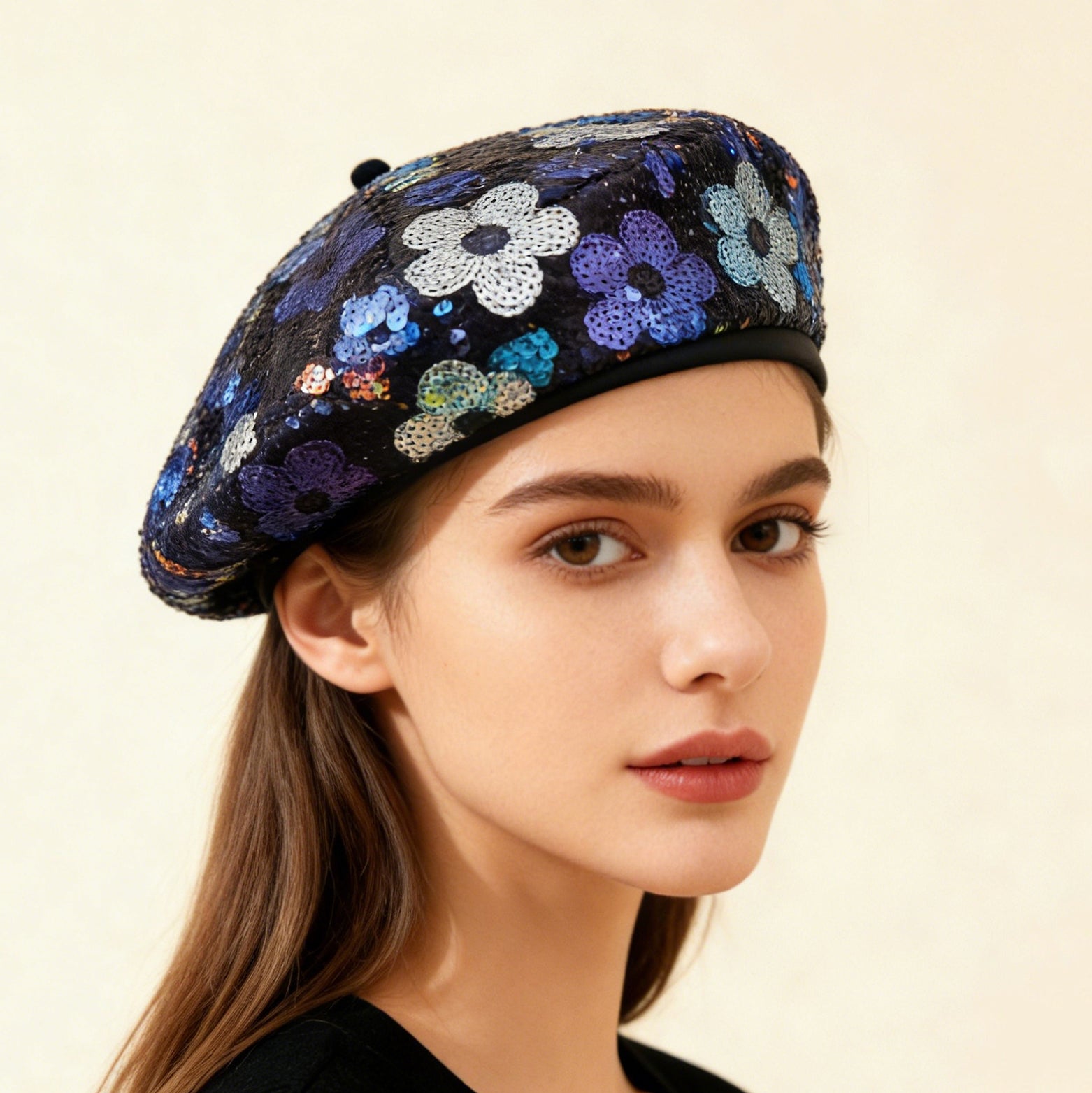European And American Trendy Fashion Small Sequin Flower Beret, A Versatile Style That Suits All Occasions. A Painter's Hat, Perfect For Outdoor Photography. 