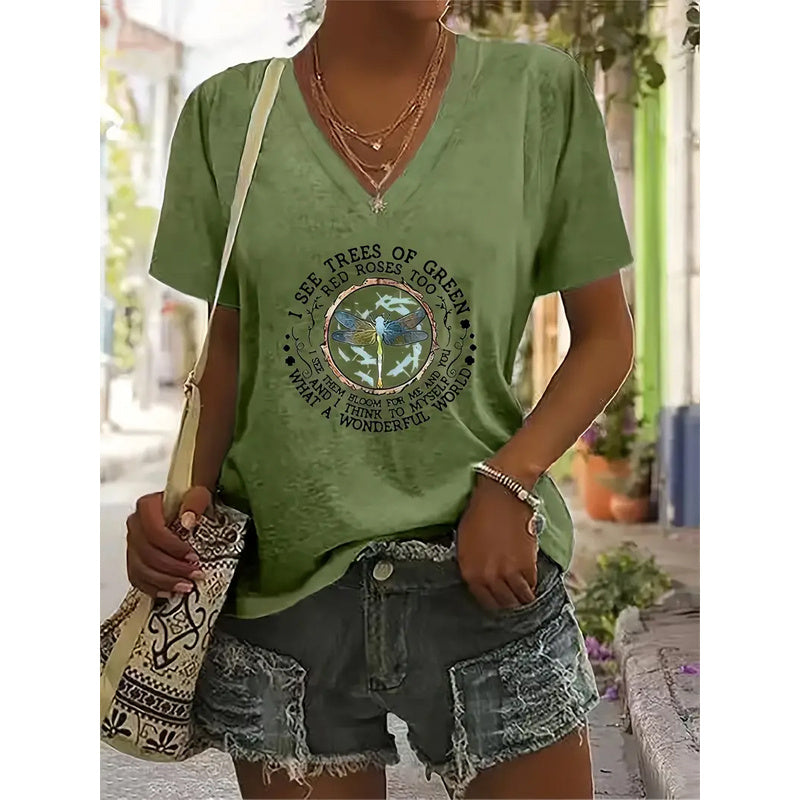 Women's V-Neck Dragonfly & Letter Print Short Sleeve T-Shirt Casual Summer Top CJ