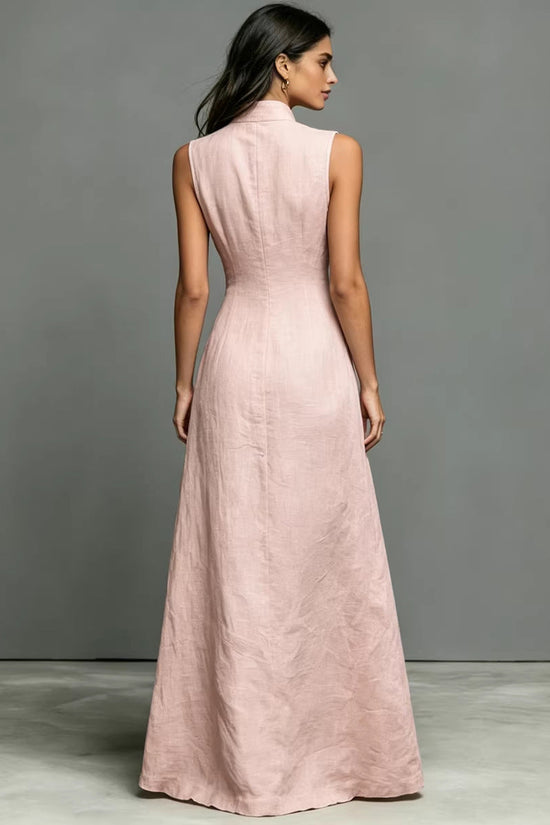 Blended Fabric Stand-up Collar Single-breasted Sleeveless Maxi Dress 