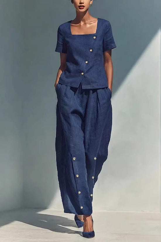Womens Loose Short-Sleeve Top And High-Waist Pants Two-Piece Set 