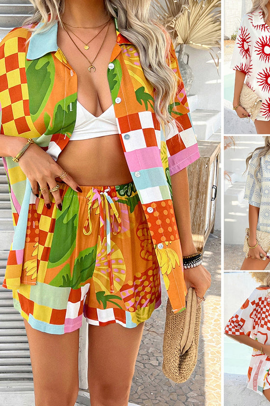 Casual Resort Style Floral Color-Block Cardigan And Shorts Set 