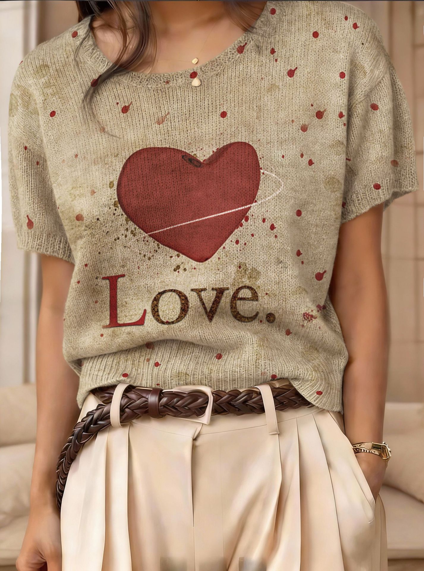 Retro Short-Sleeve Sweater Contrast-Color Jacquard Knit Top 
