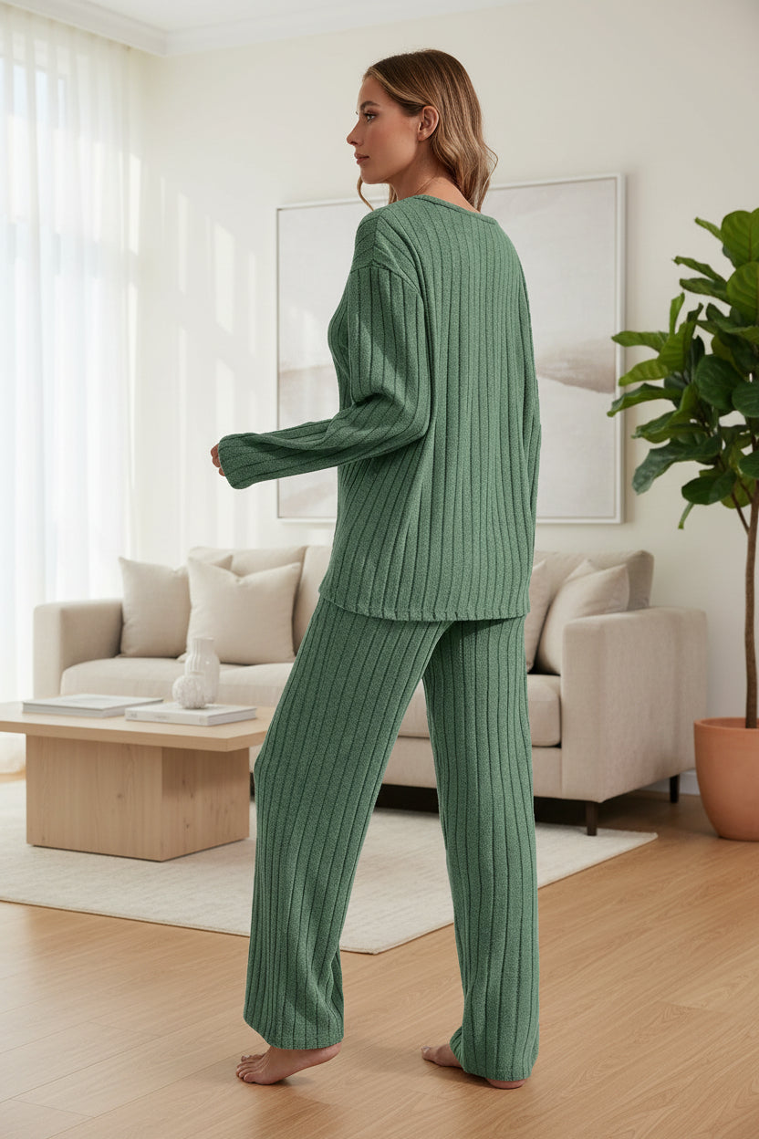 Ribbed Long-Sleeve Top And Pants Casual Comfortable Womens Loungewear Set 