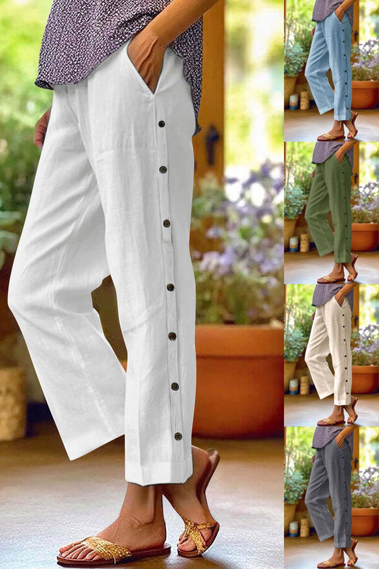 Cropped Pants With Decorative Buttons Along The Side Seams 