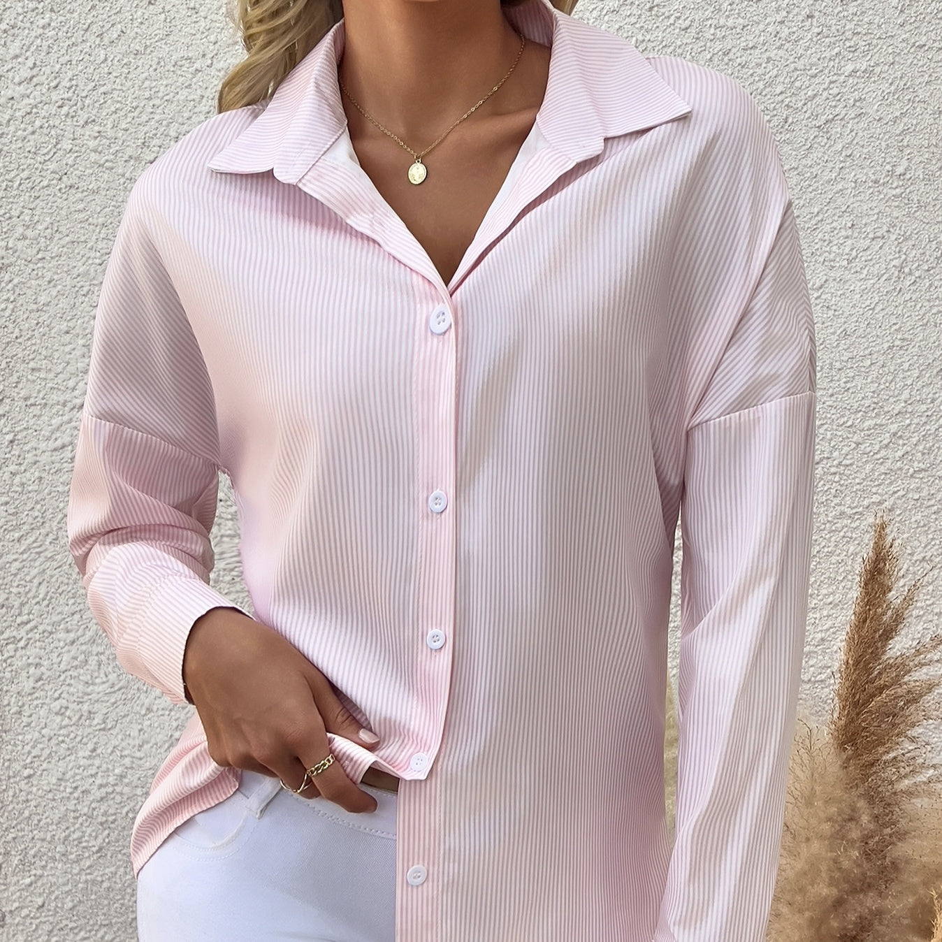 Women's Striped Lapel Long Sleeved Shirt Top CJ US