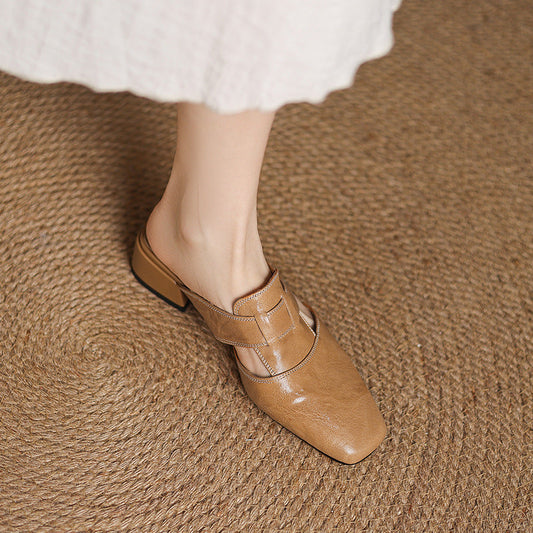 Retro Closed Toe Half Slippers Women's Summer Low Heel Thick Heel Rear Empty Sandals CJ