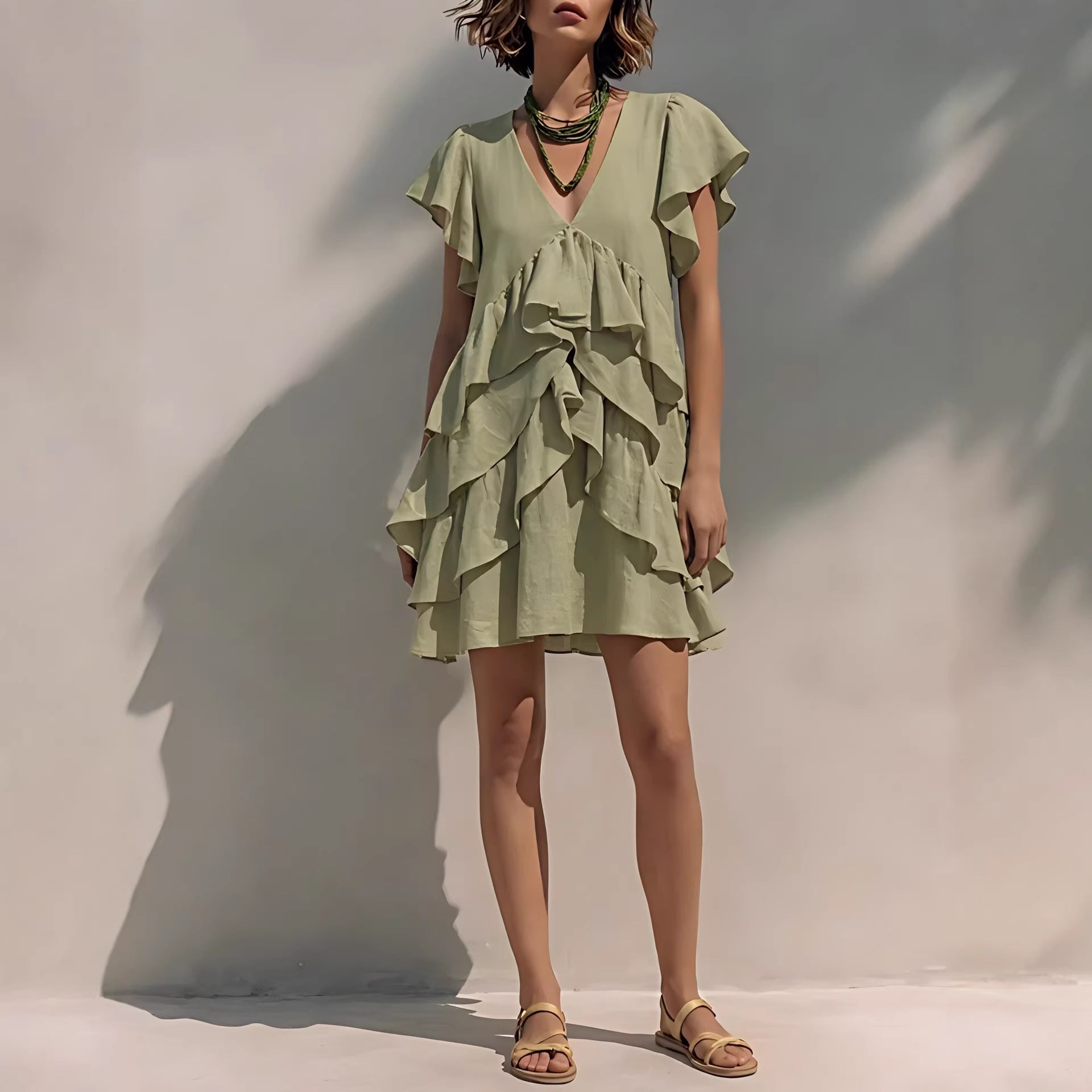 Women's V-Neck Ruffled-Edge Short-Sleeve Casual Loose Dress 