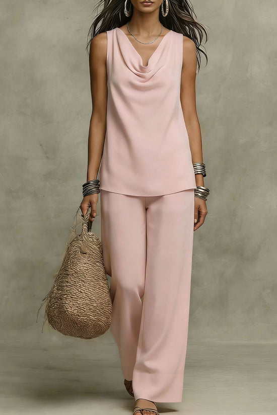 Womens Slash-Neck Sleeveless Tank Top And Casual Pants Set 
