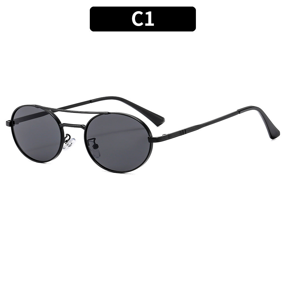 Retro Oval Fashionable Dual-Beam Metal Sunglasses For Sun Protection 